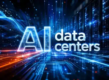 A futuristic visualization of an AI data center with glowing blue data streams and server racks, illustrating the physical requirements for AI data center infrastructure.
