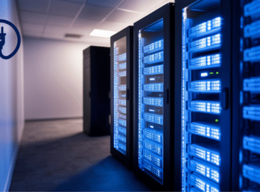 A high-tech data center server aisle with rows of glowing blue racks and a circular power plug icon representing PDU overcurrent protection.