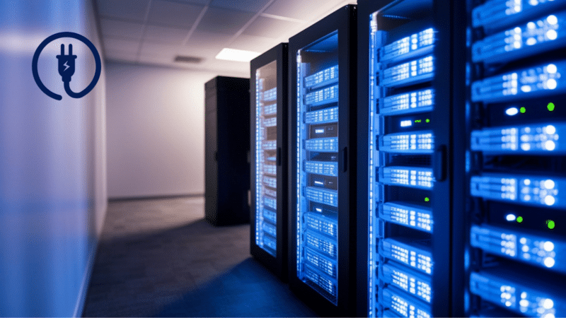 A high-tech data center server aisle with rows of glowing blue racks and a circular power plug icon representing PDU overcurrent protection.