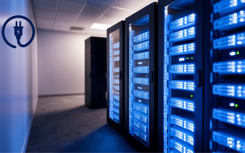 A high-tech data center server aisle with rows of glowing blue racks and a circular power plug icon representing PDU overcurrent protection.