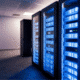 A high-tech data center server aisle with rows of glowing blue racks and a circular power plug icon representing PDU overcurrent protection.