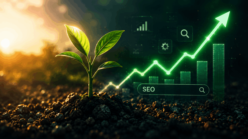 Small green plant growing from soil with digital SEO analytics and upward growth visuals representing sustainable business growth through search optimization.