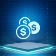 A digital glowing podium with three dollar coin icons, representing the three financial metrics that determine the health of a digital product.