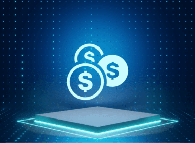 A digital glowing podium with three dollar coin icons, representing the three financial metrics that determine the health of a digital product.