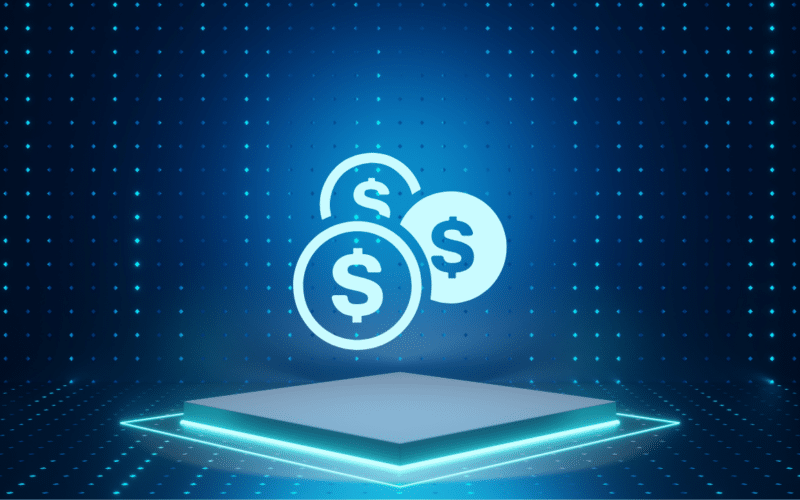 A digital glowing podium with three dollar coin icons, representing the three financial metrics that determine the health of a digital product.