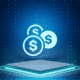 A digital glowing podium with three dollar coin icons, representing the three financial metrics that determine the health of a digital product.