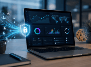 Laptop showing a secure web analytics dashboard with traffic data, privacy shield and cookieless tracking visuals for a modern analytics strategy.