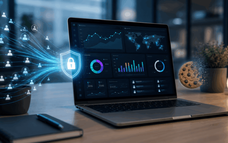 Laptop showing a secure web analytics dashboard with traffic data, privacy shield and cookieless tracking visuals for a modern analytics strategy.