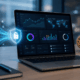 Laptop showing a secure web analytics dashboard with traffic data, privacy shield and cookieless tracking visuals for a modern analytics strategy.