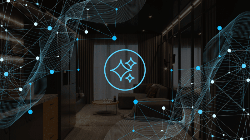 A luxury modern home interior overlaid with glowing blue neural network nodes and a digital sparkle icon, illustrating the AI interior design trap: how to avoid costly remodeling mistakes.