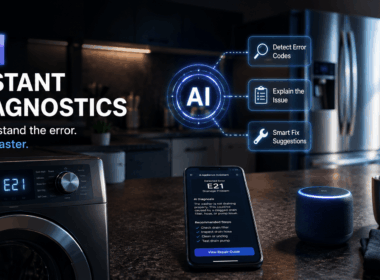 Smart washing machine showing an E21 error code with a smartphone displaying AI appliance repair diagnostics and suggested troubleshooting steps.