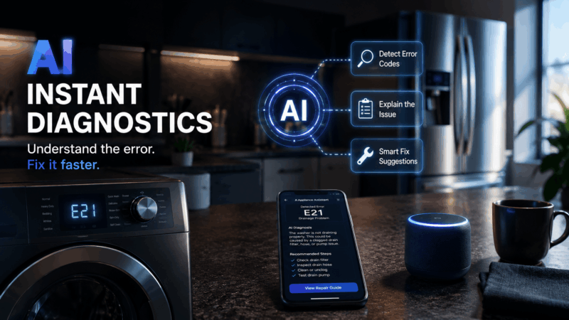 Smart washing machine showing an E21 error code with a smartphone displaying AI appliance repair diagnostics and suggested troubleshooting steps.