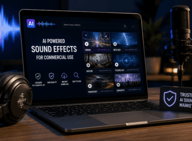 Laptop showing an AI sound effects marketplace with audio waveforms, sound categories, headphones and a microphone for commercial sound design.