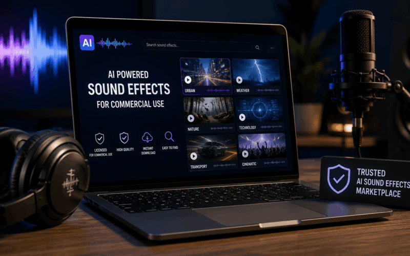 Laptop showing an AI sound effects marketplace with audio waveforms, sound categories, headphones and a microphone for commercial sound design.