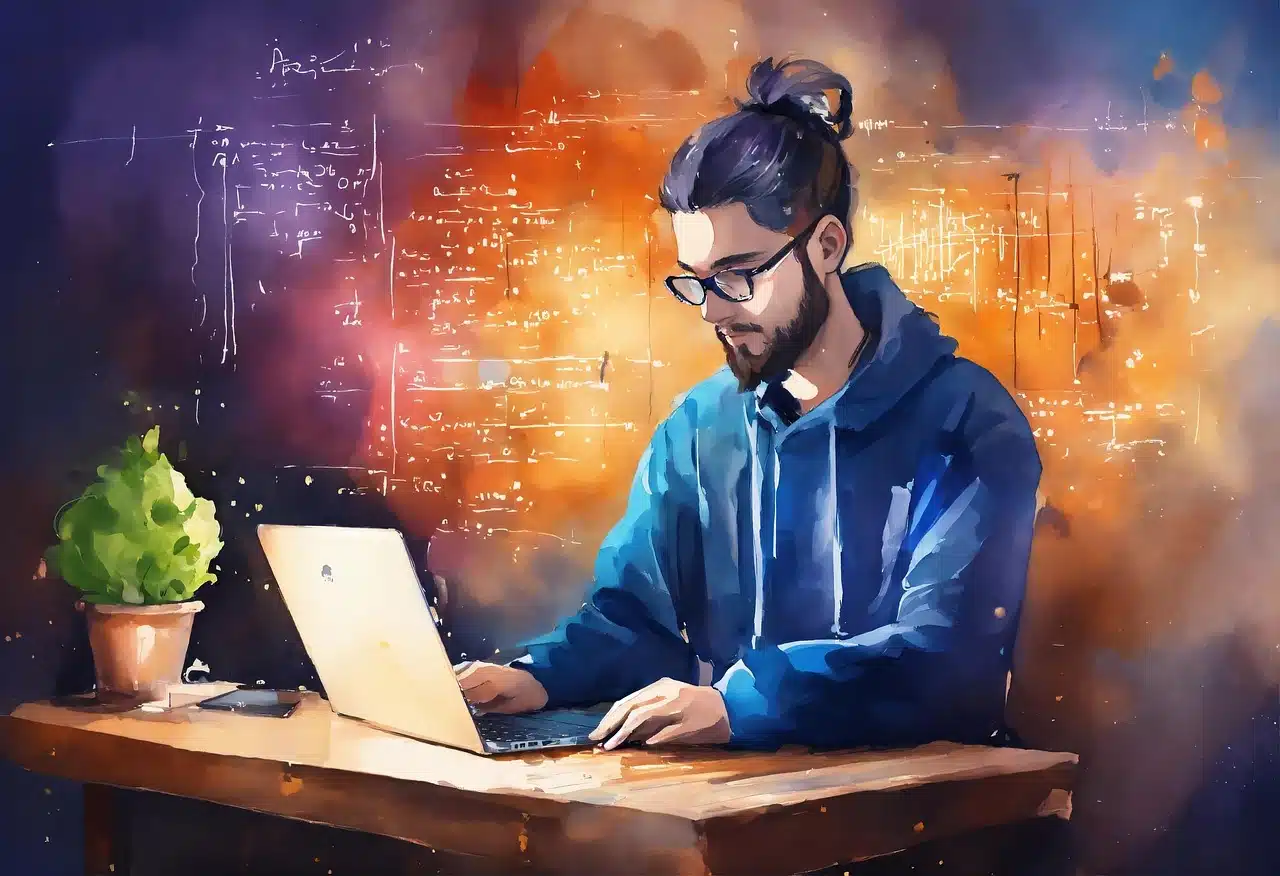 Web designer working on a laptop and using proxy servers to research local design trends, verify regional content, and protect project privacy.