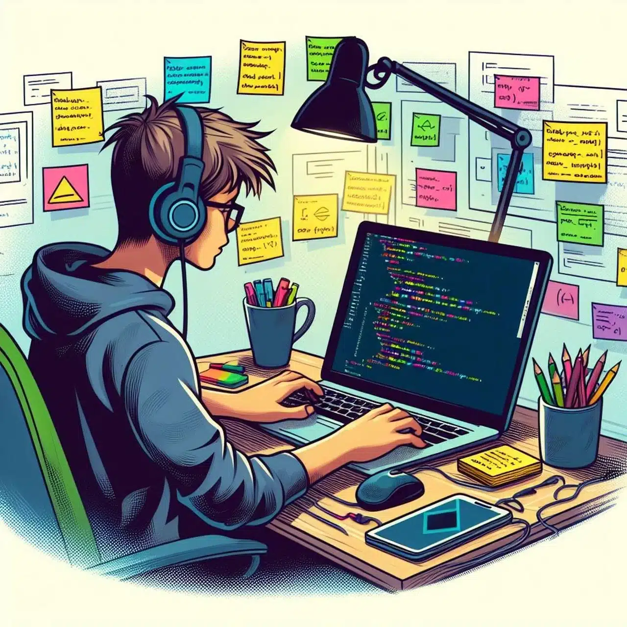 Developer coding on a laptop while using proxy servers for web testing, data collection, debugging, and regional access control.
