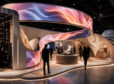 Curved flexible LED screen shaping an exhibition booth around a central product display, with visitor flow, viewing angles and accessible service space.