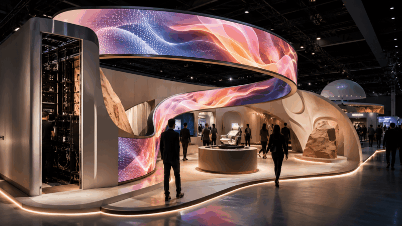 Curved flexible LED screen shaping an exhibition booth around a central product display, with visitor flow, viewing angles and accessible service space.