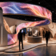 Curved flexible LED screen shaping an exhibition booth around a central product display, with visitor flow, viewing angles and accessible service space.