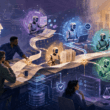 Software team collaborating with AI agents that plan tasks, write code, run tests, review work and connect business tools in a modern development workflow.