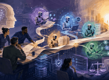 Software team collaborating with AI agents that plan tasks, write code, run tests, review work and connect business tools in a modern development workflow.