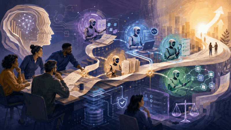 Software team collaborating with AI agents that plan tasks, write code, run tests, review work and connect business tools in a modern development workflow.