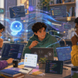 Computer science students using AI coding tools for software development, code review, debugging, testing and project collaboration in a modern study workspace.