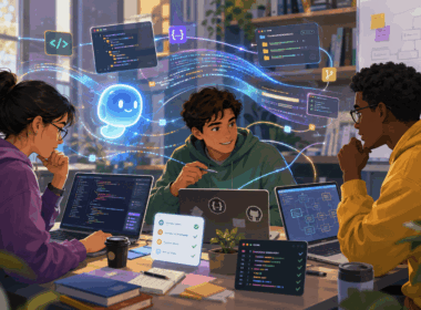 Computer science students using AI coding tools for software development, code review, debugging, testing and project collaboration in a modern study workspace.