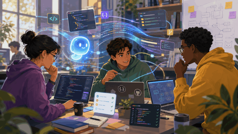 Computer science students using AI coding tools for software development, code review, debugging, testing and project collaboration in a modern study workspace.