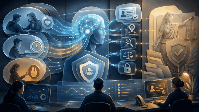 AI compliance system monitoring responsible betting signals with identity checks, deposit limits, fraud detection and human compliance review.