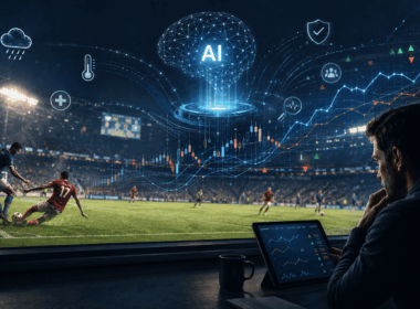 Sports bettor analyzing a live football match with AI powered odds data, real time market updates and responsible betting research tools.