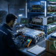 Automotive battery supplier testing a used hybrid battery pack while verified stock is organized for storage and commercial shipment.
