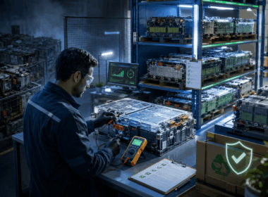 Automotive battery supplier testing a used hybrid battery pack while verified stock is organized for storage and commercial shipment.