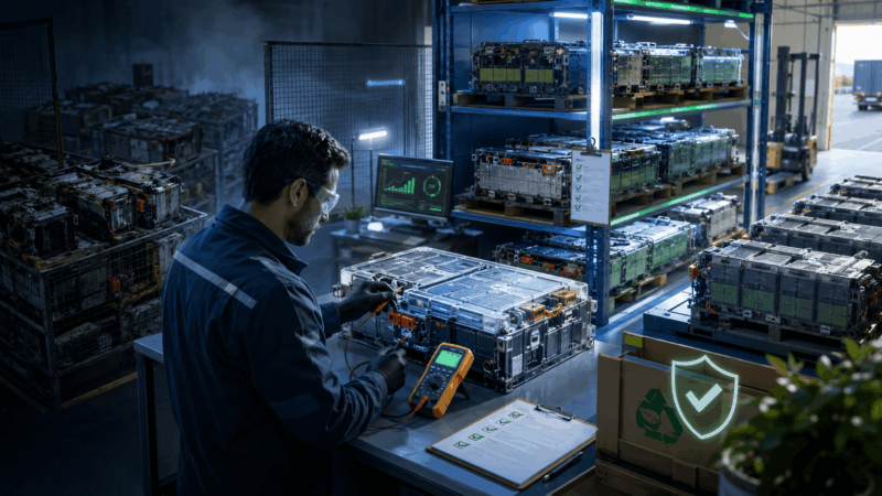 Automotive battery supplier testing a used hybrid battery pack while verified stock is organized for storage and commercial shipment.