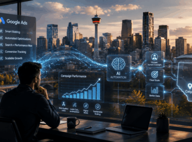 Calgary business professional using AI automation, Smart Bidding and conversion tracking to scale Google Ads with human oversight.