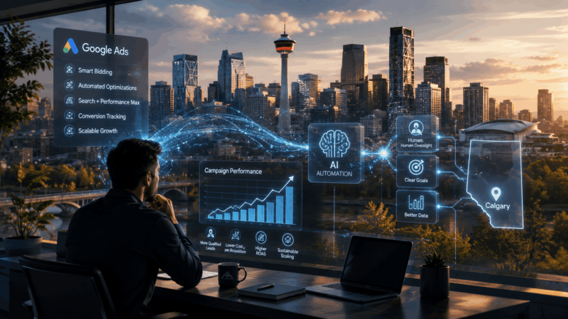 Calgary business professional using AI automation, Smart Bidding and conversion tracking to scale Google Ads with human oversight.