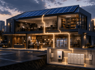 Commercial building with rooftop solar panels, hybrid solar inverter and battery storage system showing energy flow for business backup power.