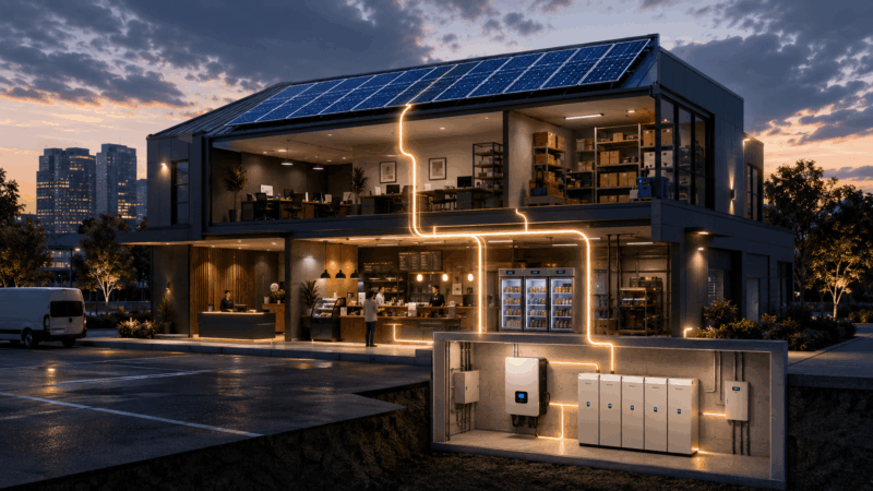 Commercial building with rooftop solar panels, hybrid solar inverter and battery storage system showing energy flow for business backup power.