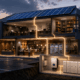 Commercial building with rooftop solar panels, hybrid solar inverter and battery storage system showing energy flow for business backup power.