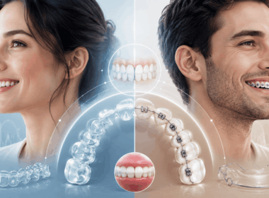 Editorial illustration comparing Invisalign clear aligners and fixed braces in adults, showing smile alignment, tooth movement and long term orthodontic outcomes.
