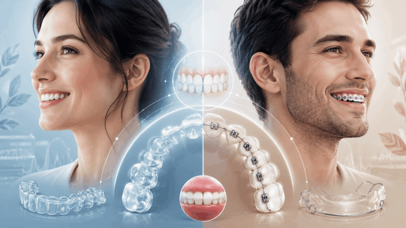 Editorial illustration comparing Invisalign clear aligners and fixed braces in adults, showing smile alignment, tooth movement and long term orthodontic outcomes.