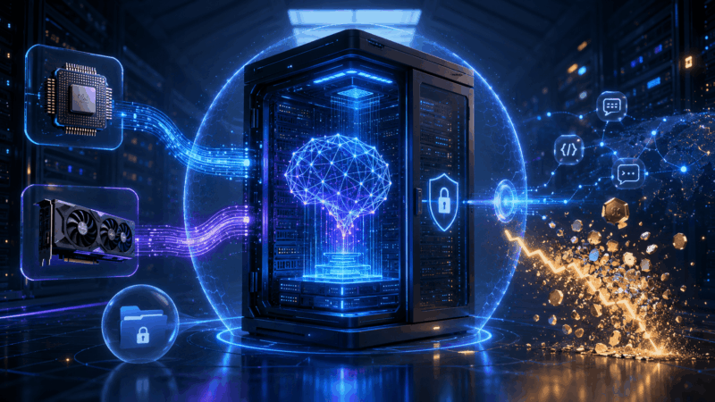Secure VPS server running a self hosted language model with private data protection, GPU and CPU deployment paths, API access and falling token cost symbols.