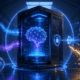 Secure VPS server running a self hosted language model with private data protection, GPU and CPU deployment paths, API access and falling token cost symbols.