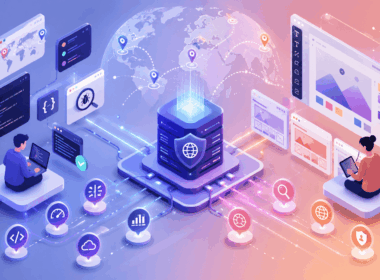 Isometric illustration of developers and designers using proxy servers for regional testing, debugging, API requests, design research, privacy and secure traffic routing.