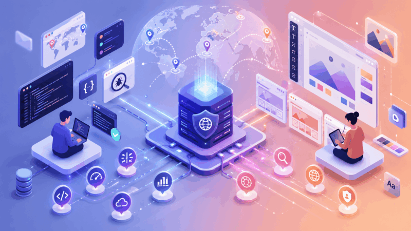 Isometric illustration of developers and designers using proxy servers for regional testing, debugging, API requests, design research, privacy and secure traffic routing.