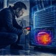 Appliance technician uses a thermal camera to detect an overheating refrigerator compressor through an AI assisted diagnostic view.