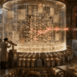 Infrastructure engineer inspecting a private RAG knowledge vault where documents and vector search stay local while selected context routes to AI generation.