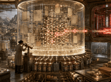 Infrastructure engineer inspecting a private RAG knowledge vault where documents and vector search stay local while selected context routes to AI generation.
