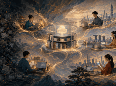 Distributed online team members across Asian cities connected to a central digital resource hub for communication, files, project management and secure collaboration.