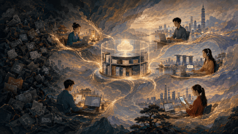 Distributed online team members across Asian cities connected to a central digital resource hub for communication, files, project management and secure collaboration.